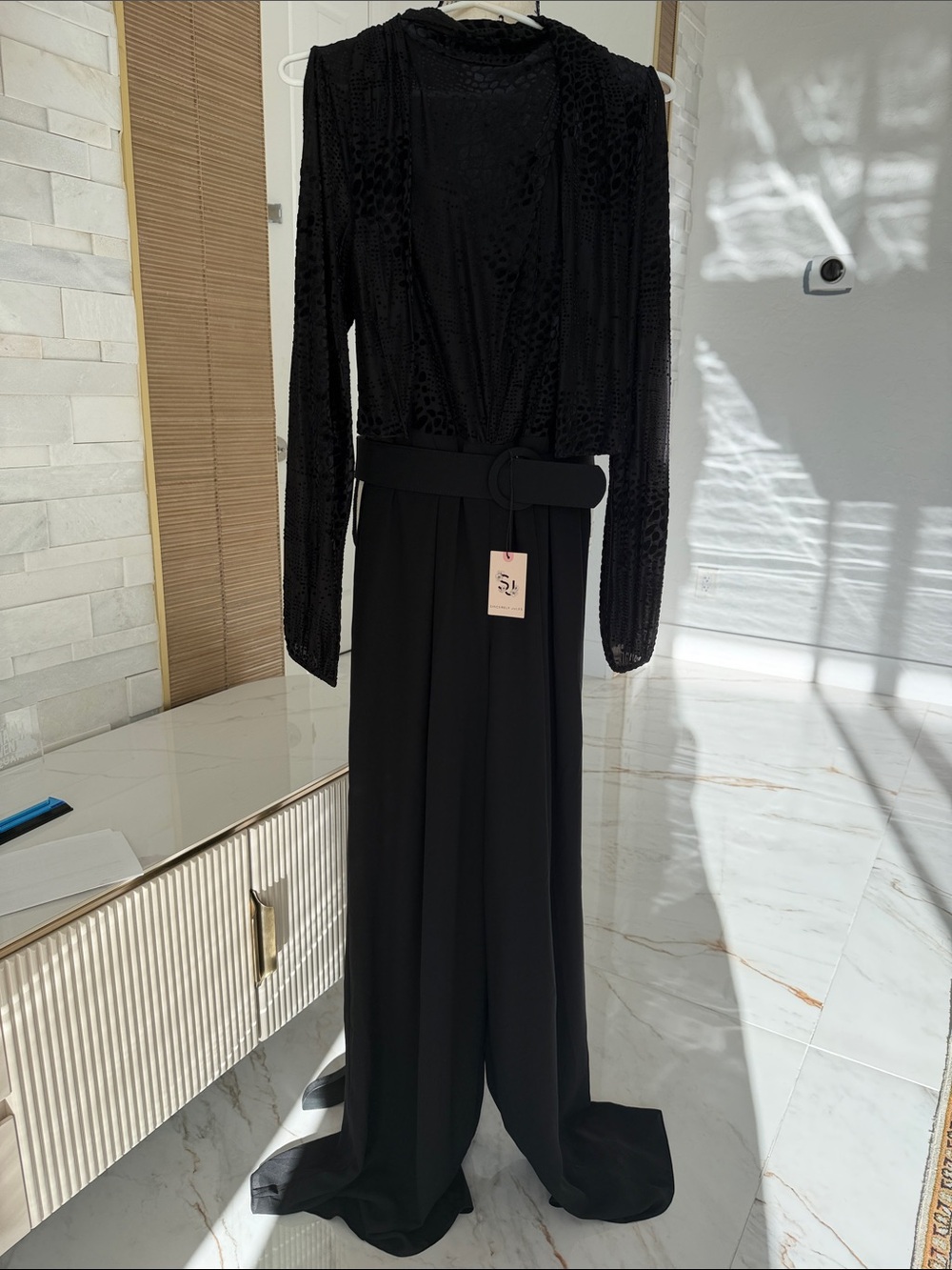 Mikael Aghal Elegant Black Long Sleeve Jumpsuit with Belt